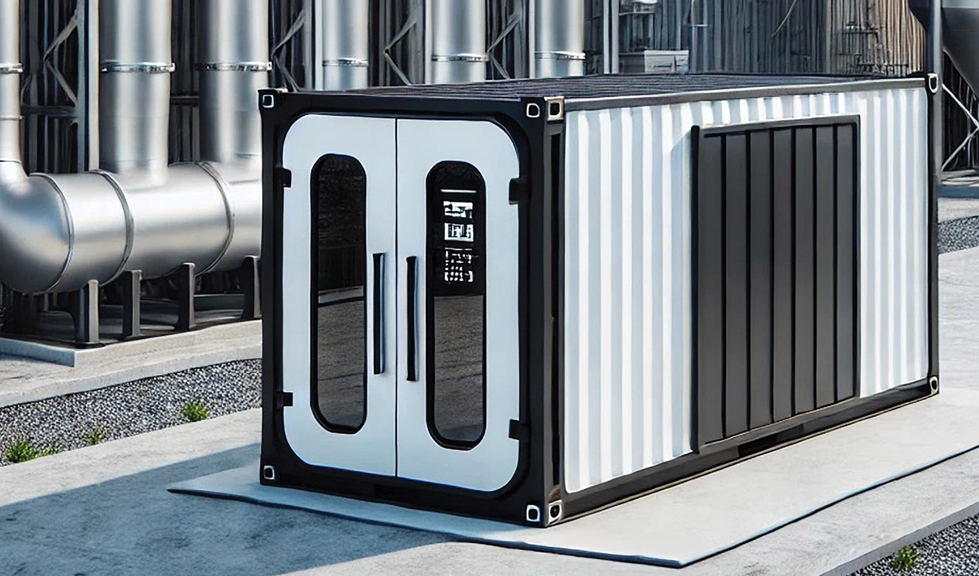 A rending of the Trinium Energy System representing the core station positioned in an industrial setting.