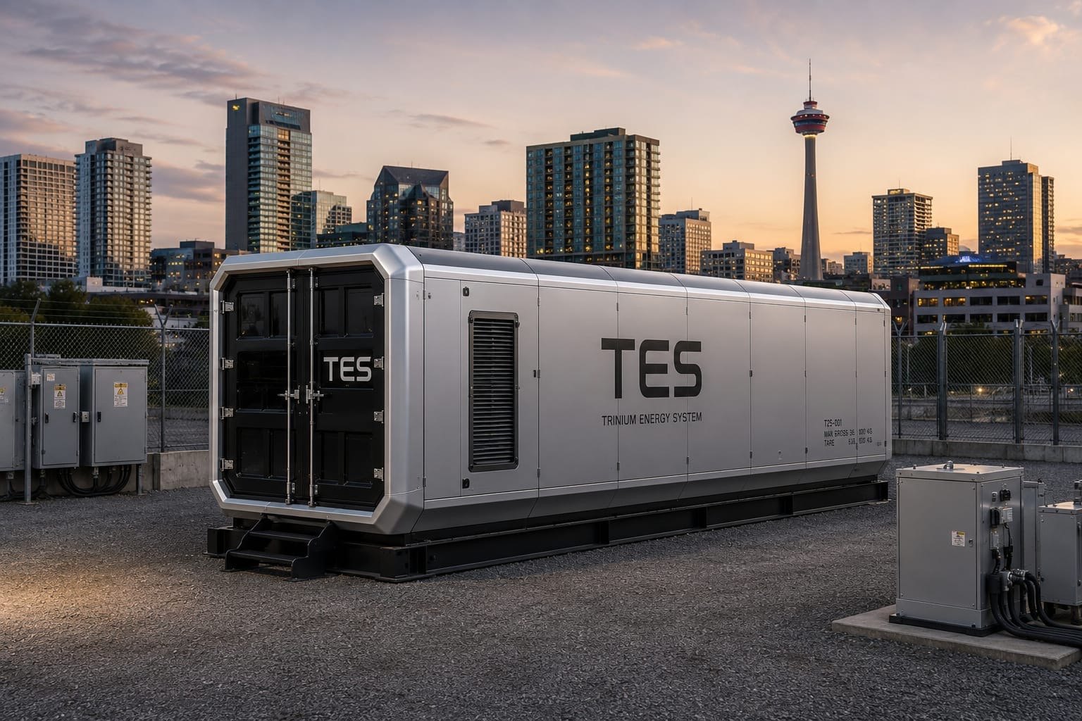 TES unit in an urban utility yard at dusk
